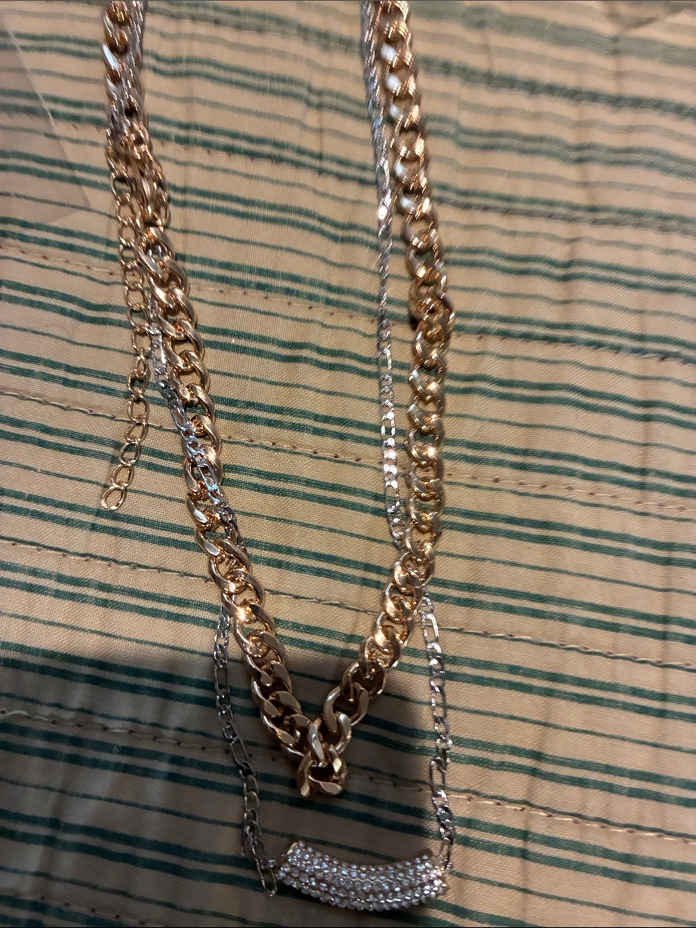Layered Gold-Tone and Silver-Tone Chain Necklace with Pave Crystal Bar
